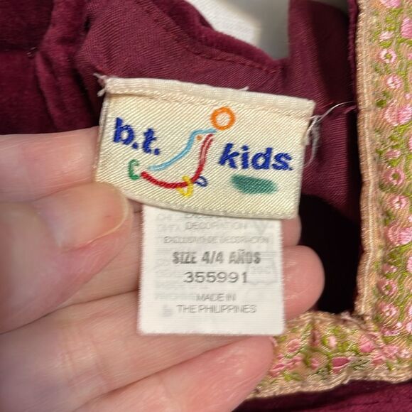 Vintage B.T. Kids Velvet Dress, burgundy, Floral braid, girls 4 - Picture 5 of 8